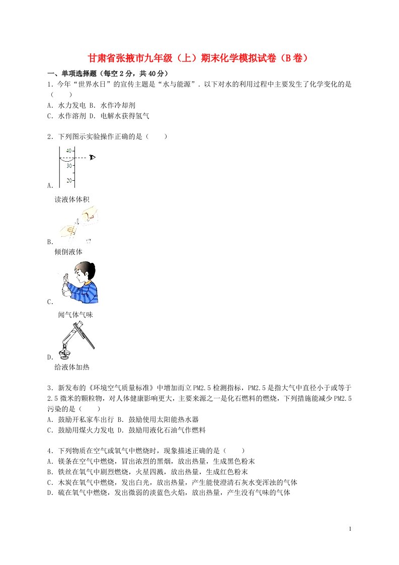 甘肃省张掖市九级化学上学期期末模拟试题（含解析）