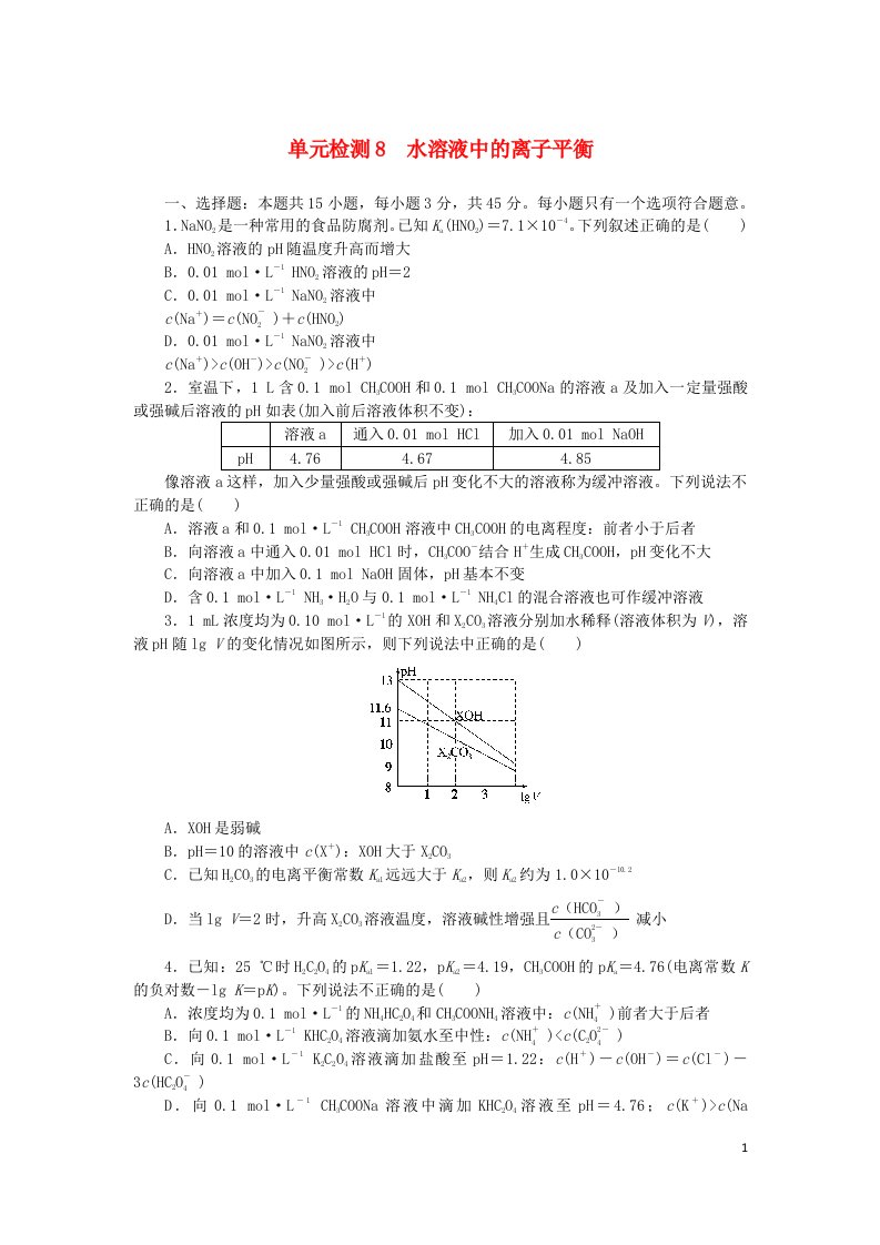 2024版新教材高考化学复习特训卷单元检测8水溶液中的离子平衡