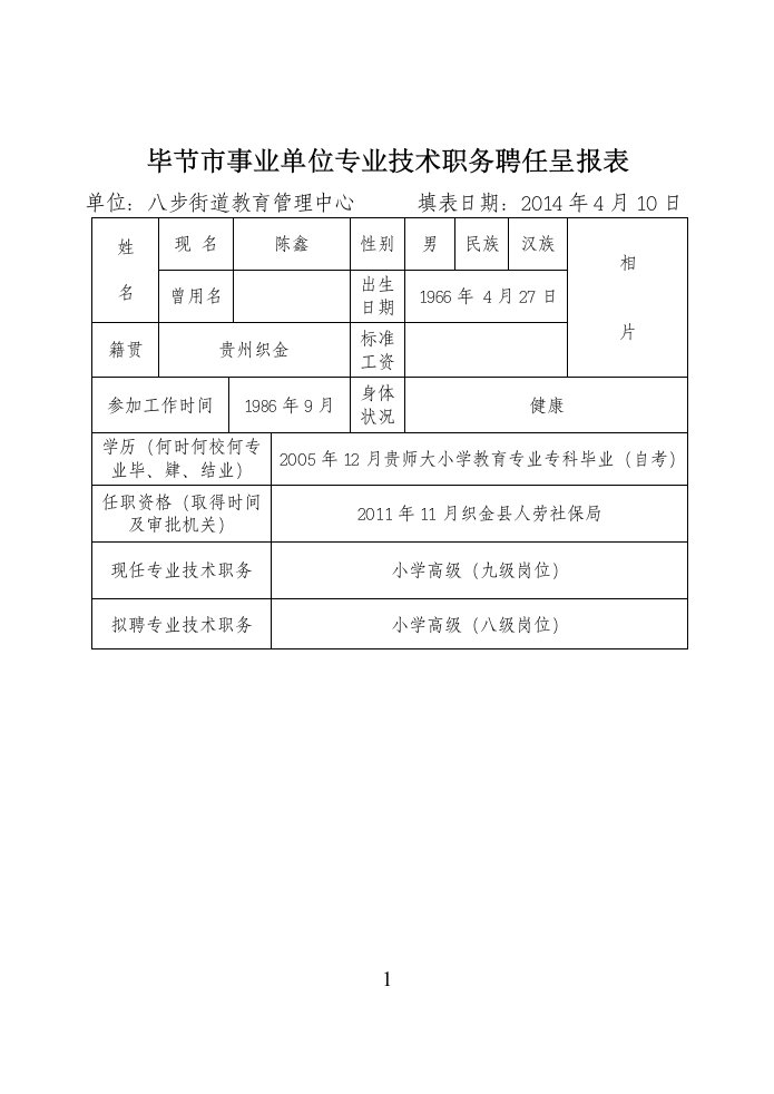 专业技术人员聘任呈报表样表(陈鑫)