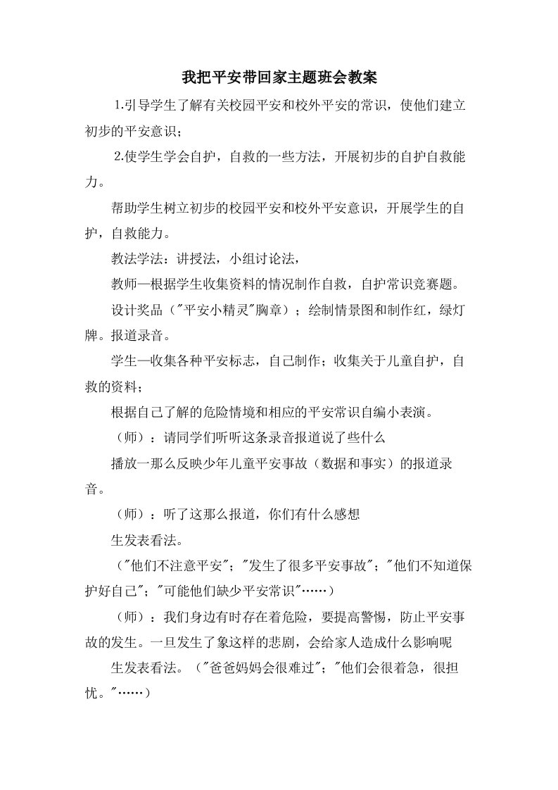 我把安全带回家主题班会教案