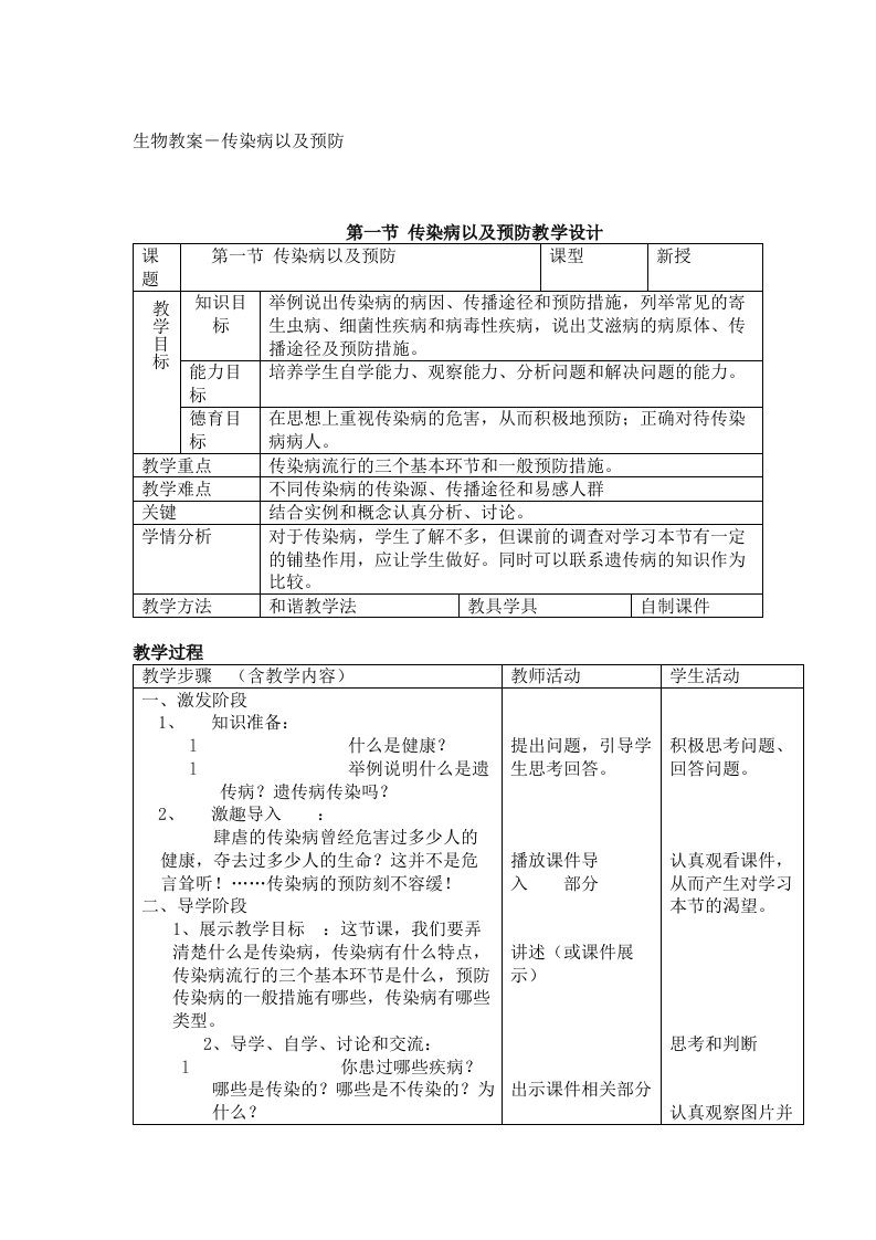 初中八年级生物教案－传染病以及预防