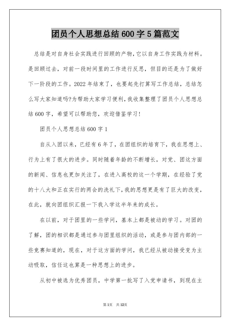 团员个人思想总结600字5篇范文