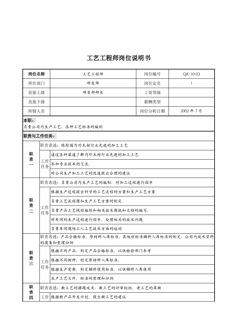 研发部工艺工程师岗位职责