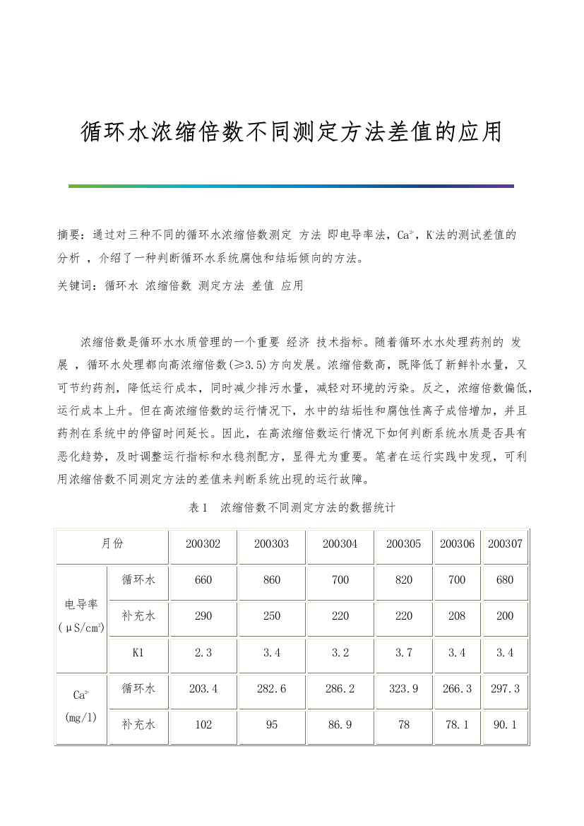 循环水浓缩倍数不同测定方法差值的应用