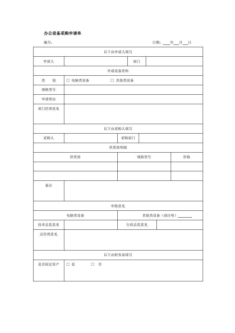 办公设备采购申请单格式