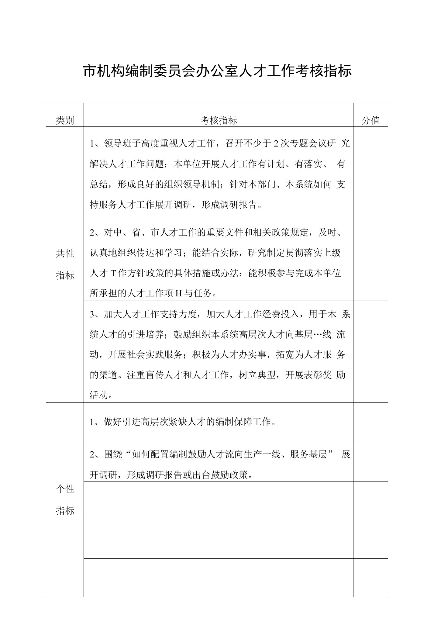 市机构编制委员会办公室人才工作考核指标