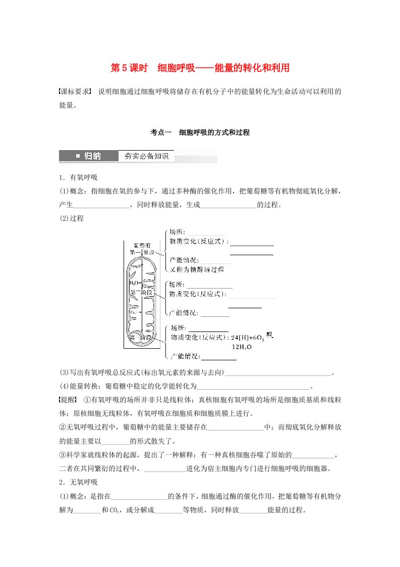 2024届高考生物一轮复习学案第三单元细胞的能量供应和利用第5课时细胞呼吸__能量的转化和利用苏教版