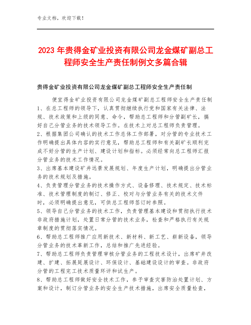 2023年贵得金矿业投资有限公司龙金煤矿副总工程师安全生产责任制例文多篇合辑