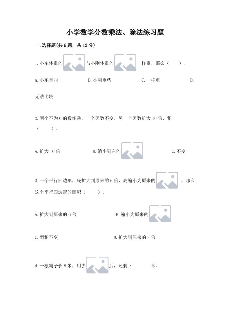 小学数学分数乘法、除法练习题（真题汇编）