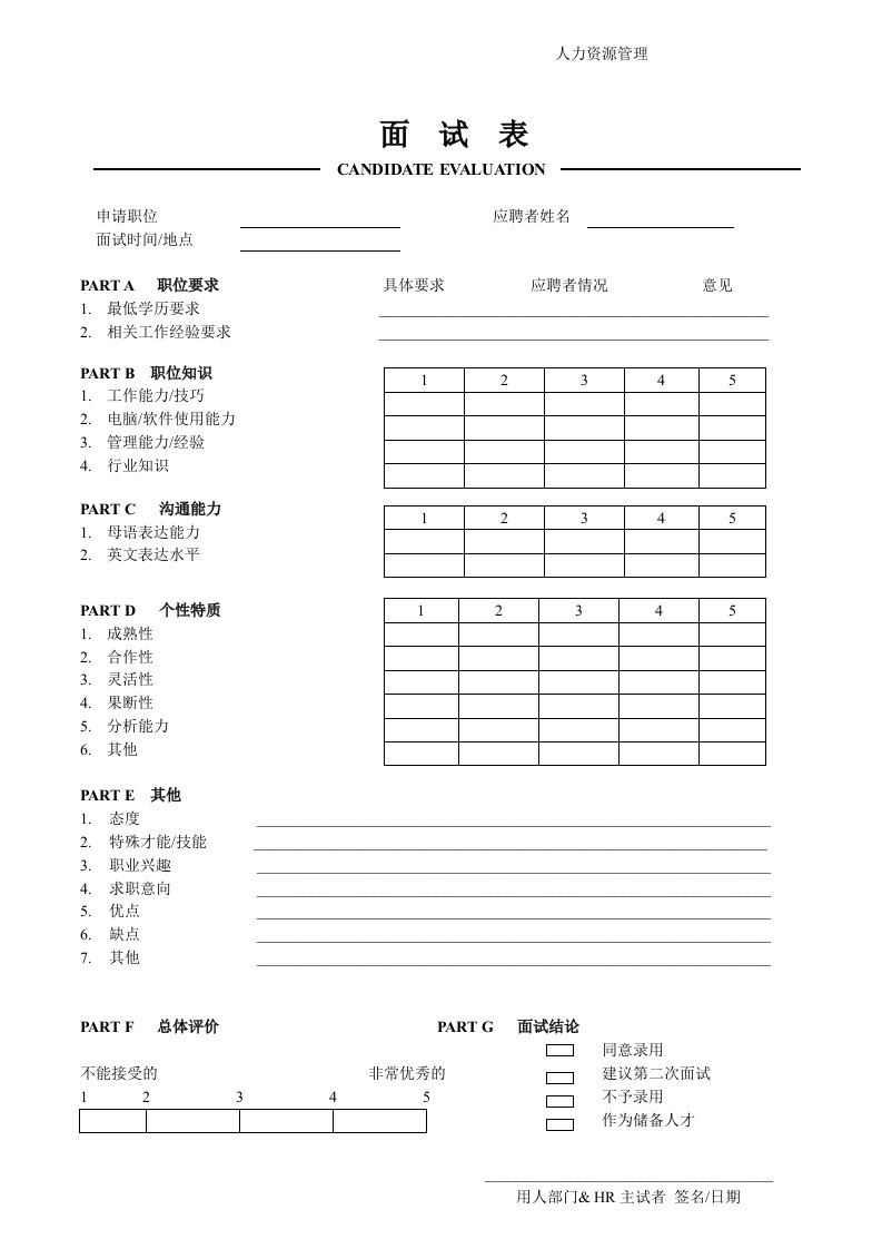 某公司员工面试评价表