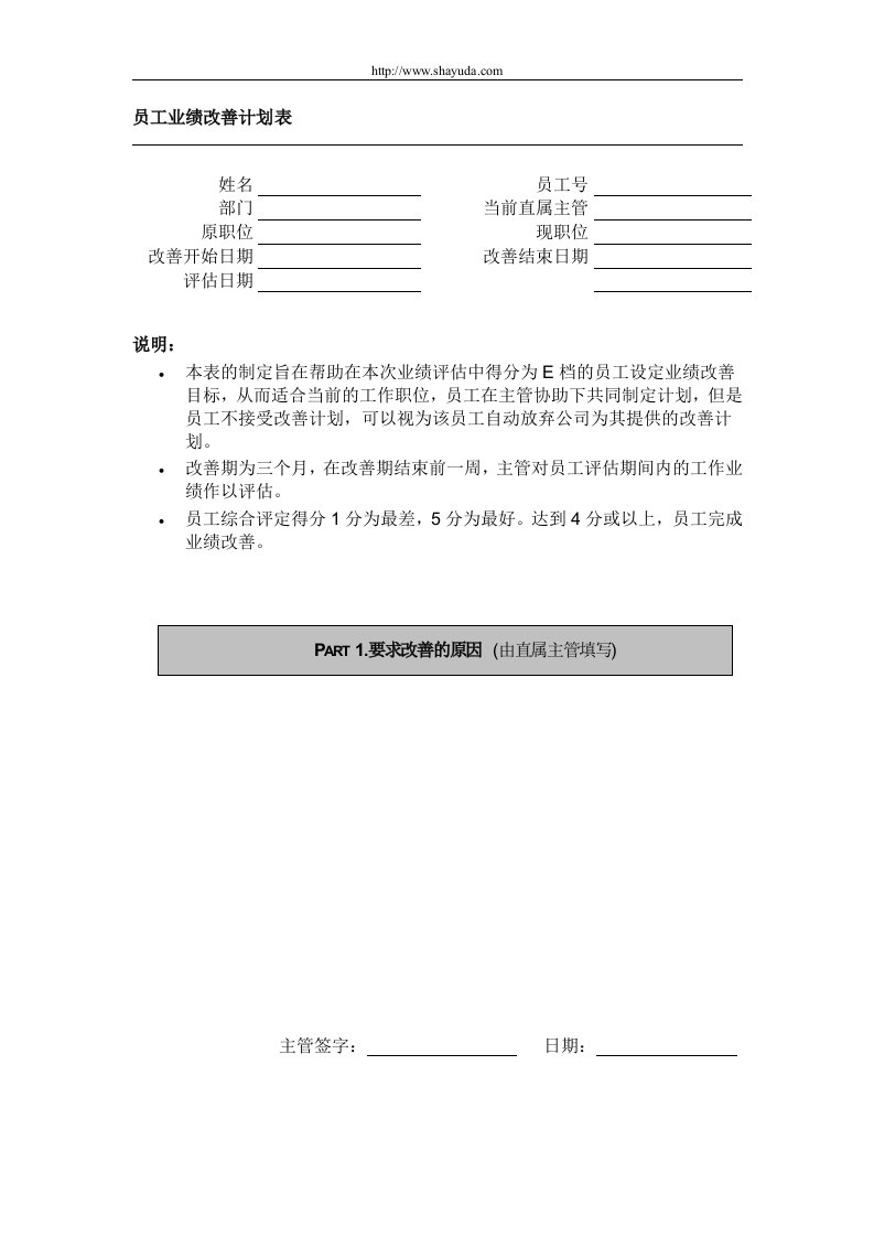 【品质表格】员工业绩改善计划表