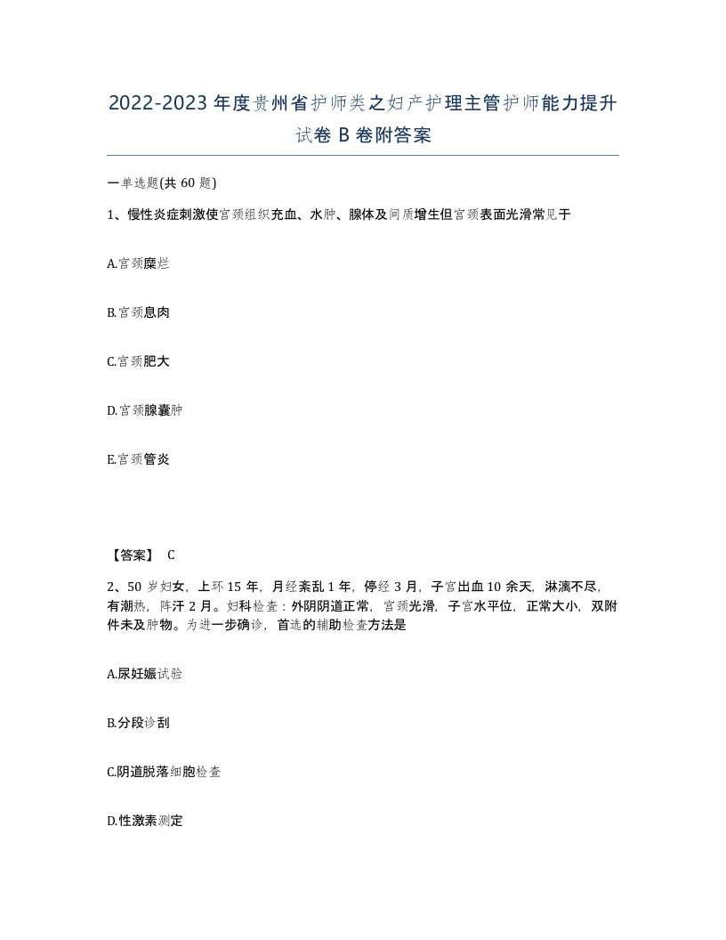 2022-2023年度贵州省护师类之妇产护理主管护师能力提升试卷B卷附答案