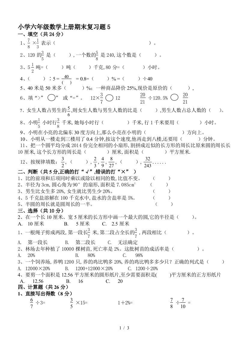 小学六年级数学上册期末复习题5