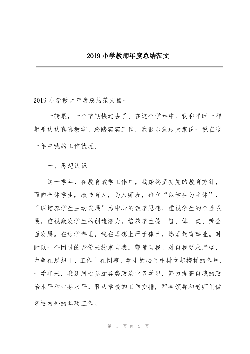 2019小学教师年度总结范文