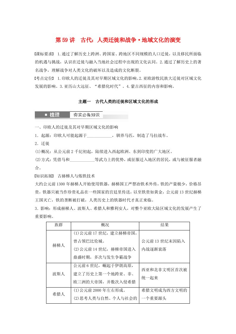 江苏专用新教材2024届高考历史一轮复习学案板块六选择性必修部分第十六单元第59讲古代：人类迁徙和战争地域文化的演变