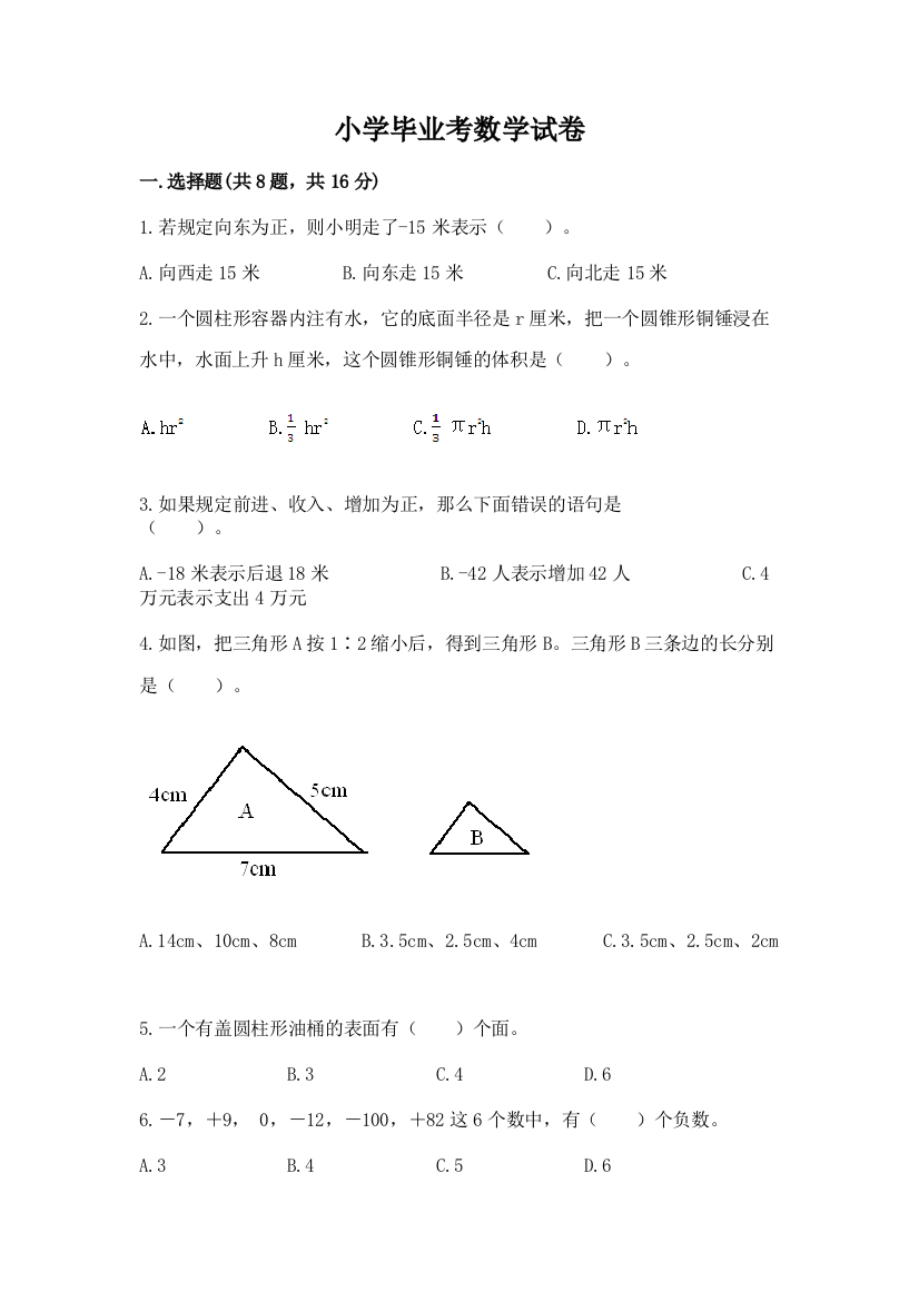 小学毕业考数学试卷（易错题）