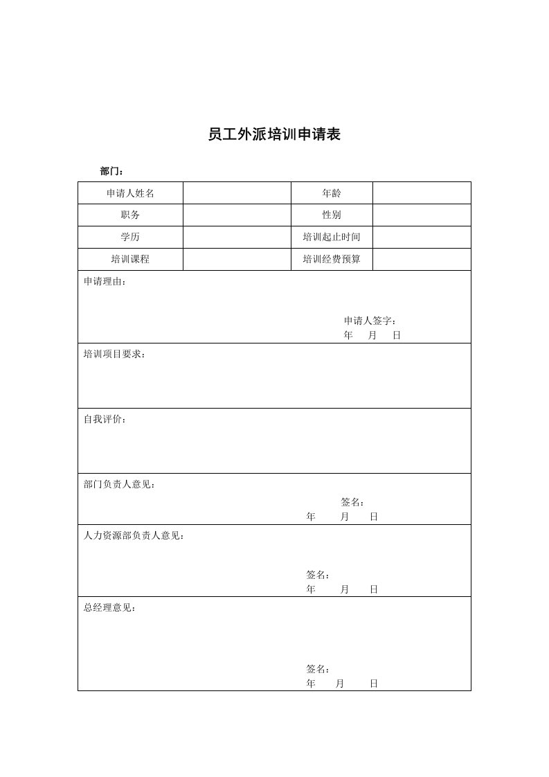 表格模板-金瀚控股公司员工外派培训申请表