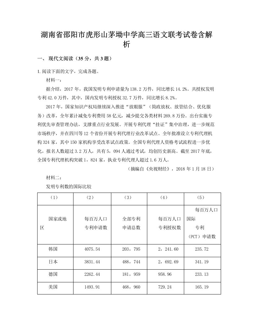 湖南省邵阳市虎形山茅坳中学高三语文联考试卷含解析