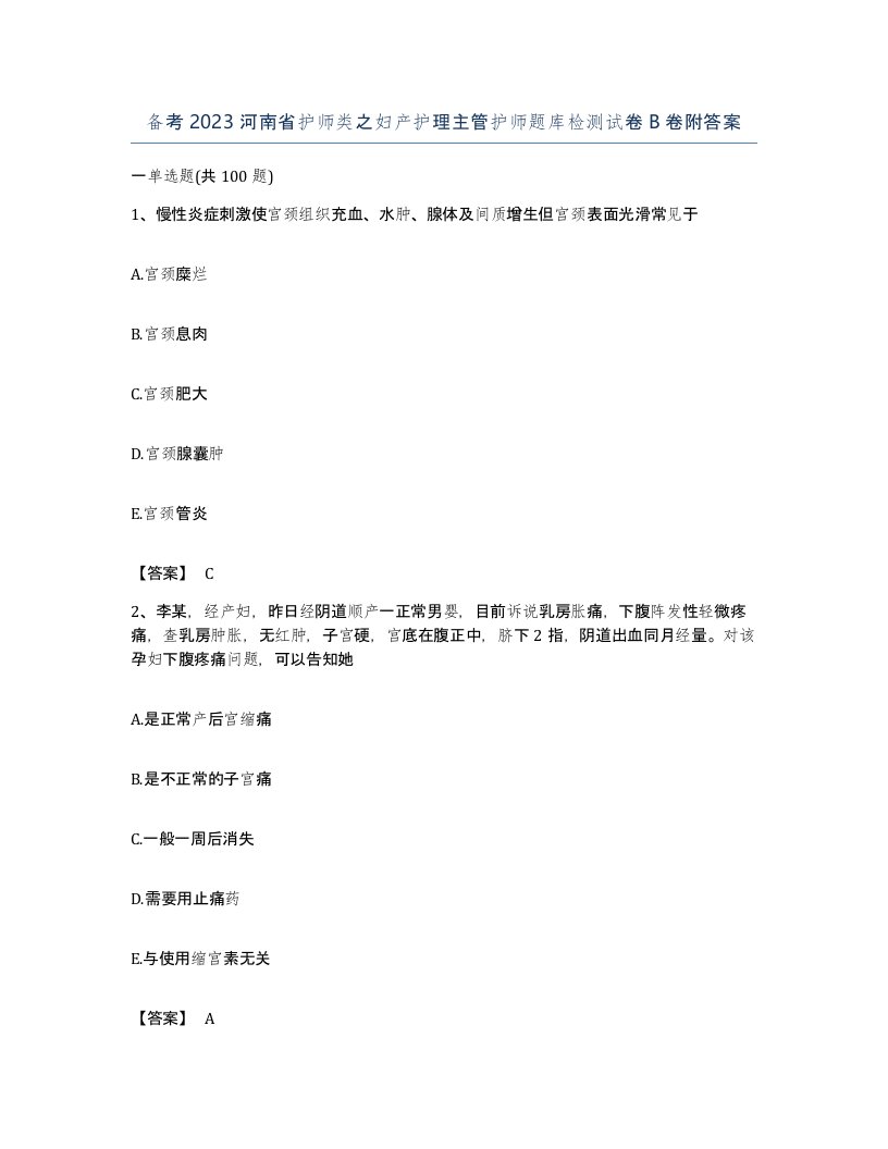 备考2023河南省护师类之妇产护理主管护师题库检测试卷B卷附答案