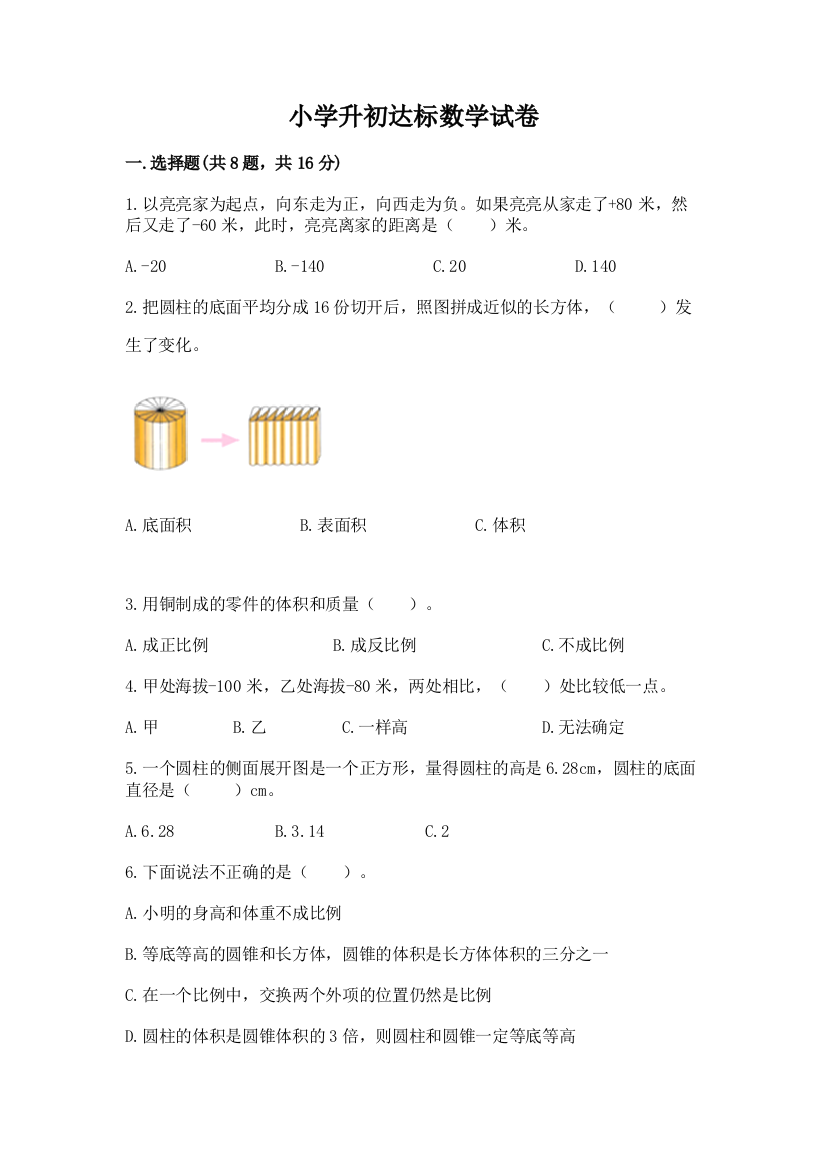 小学升初达标数学试卷（全优）