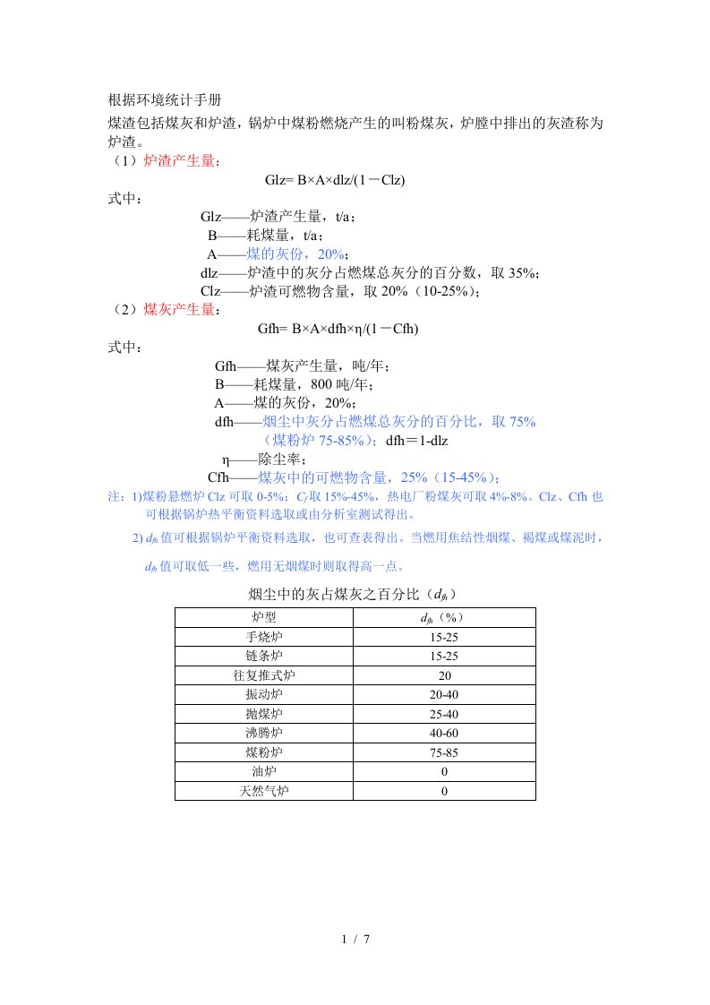 燃煤锅炉灰渣、烟气量、烟尘、二氧化硫计算