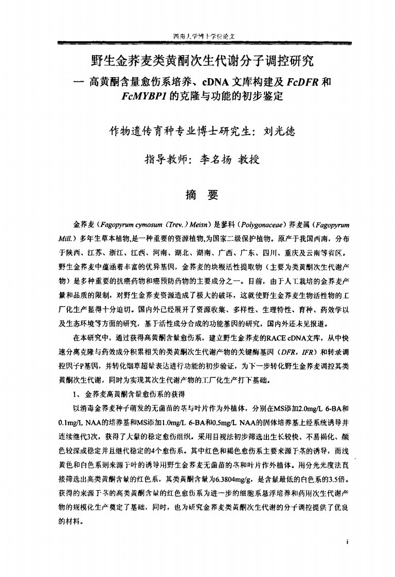 野生金荞麦类黄酮次生代谢分子调控的研究___高黄酮含量愈伤系培养、cDNA文库构建及其FcDFR和FcMYBP1的克隆和功能的初步鉴定