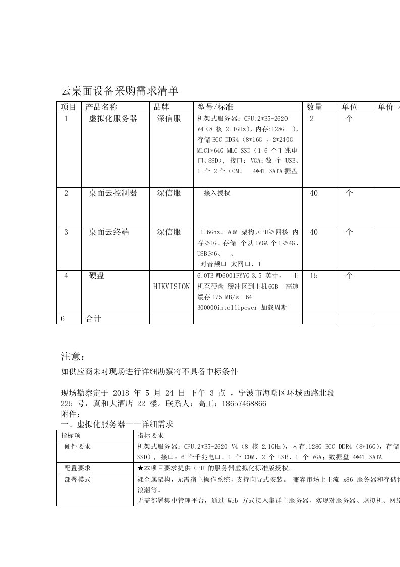 云桌面设备采购需求清单