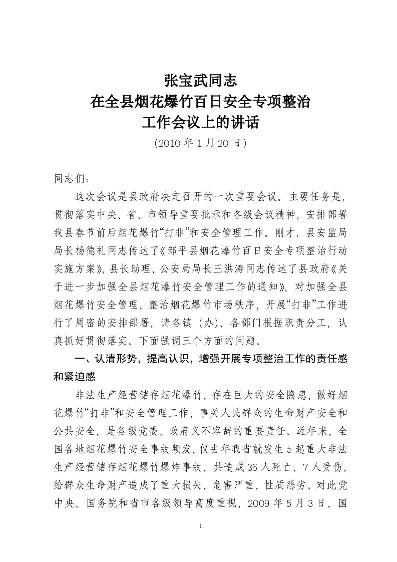 张宝武同志在全县烟花爆竹百日安全专项整治工作会议上的讲话