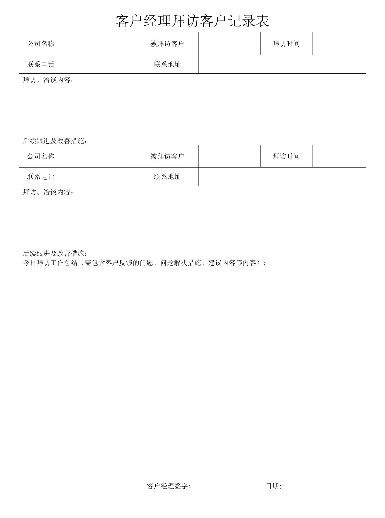 客户经理拜访客户记录表