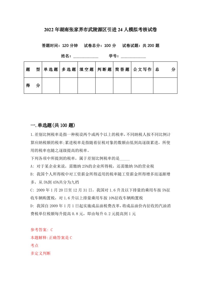 2022年湖南张家界市武陵源区引进24人模拟考核试卷1