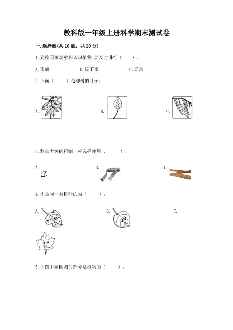 教科版一年级上册科学期末测试卷（各地真题）word版