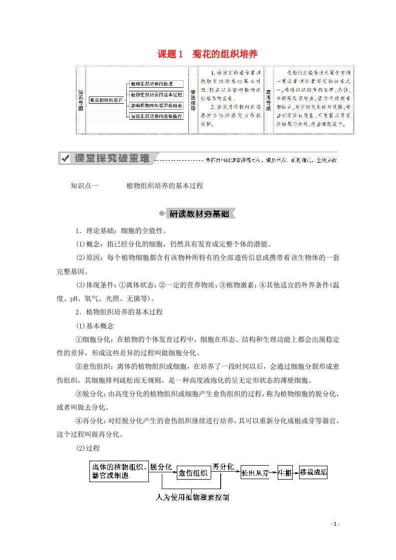 2020_2021学年高中生物专题3植物的组织培养技术课题1菊花的组织培养学案新人教版选修1