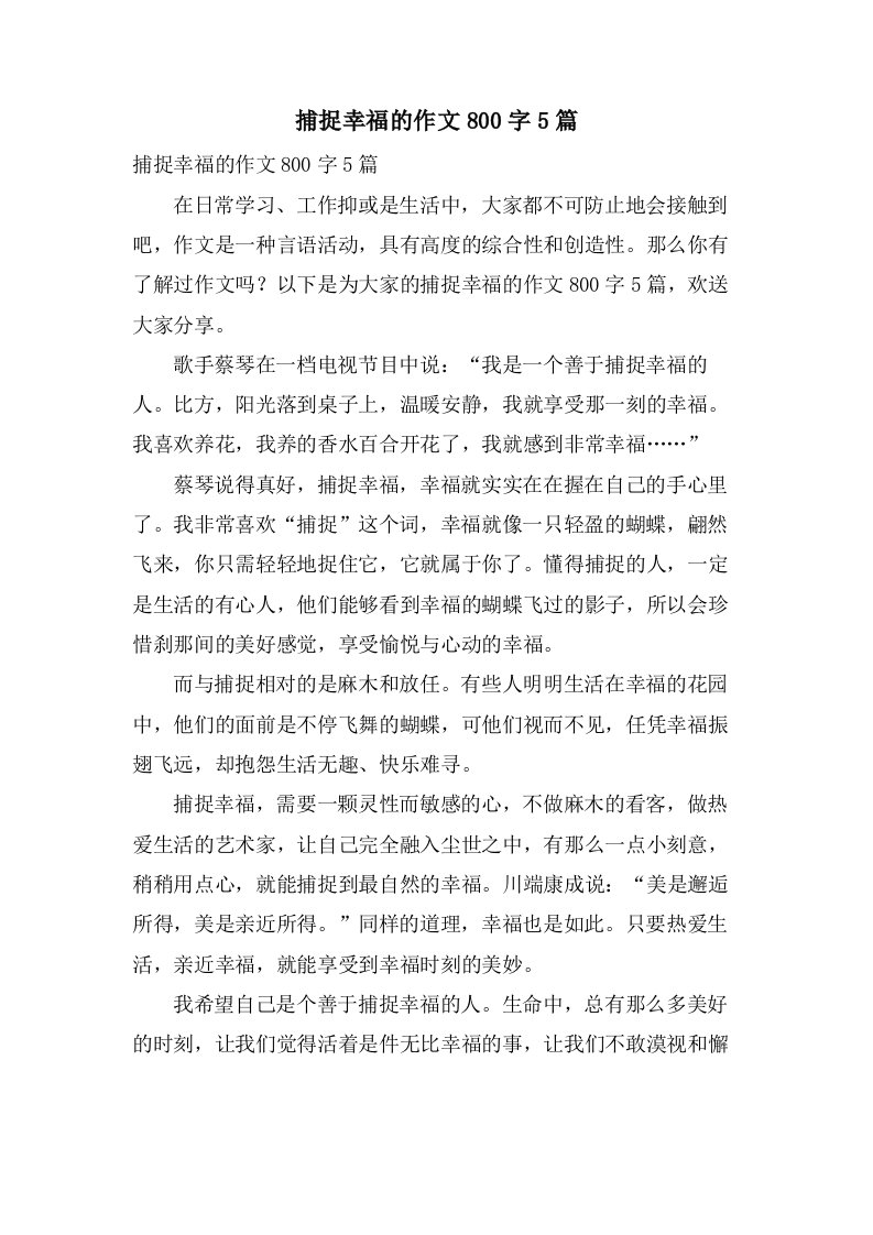 捕捉幸福的作文800字5篇