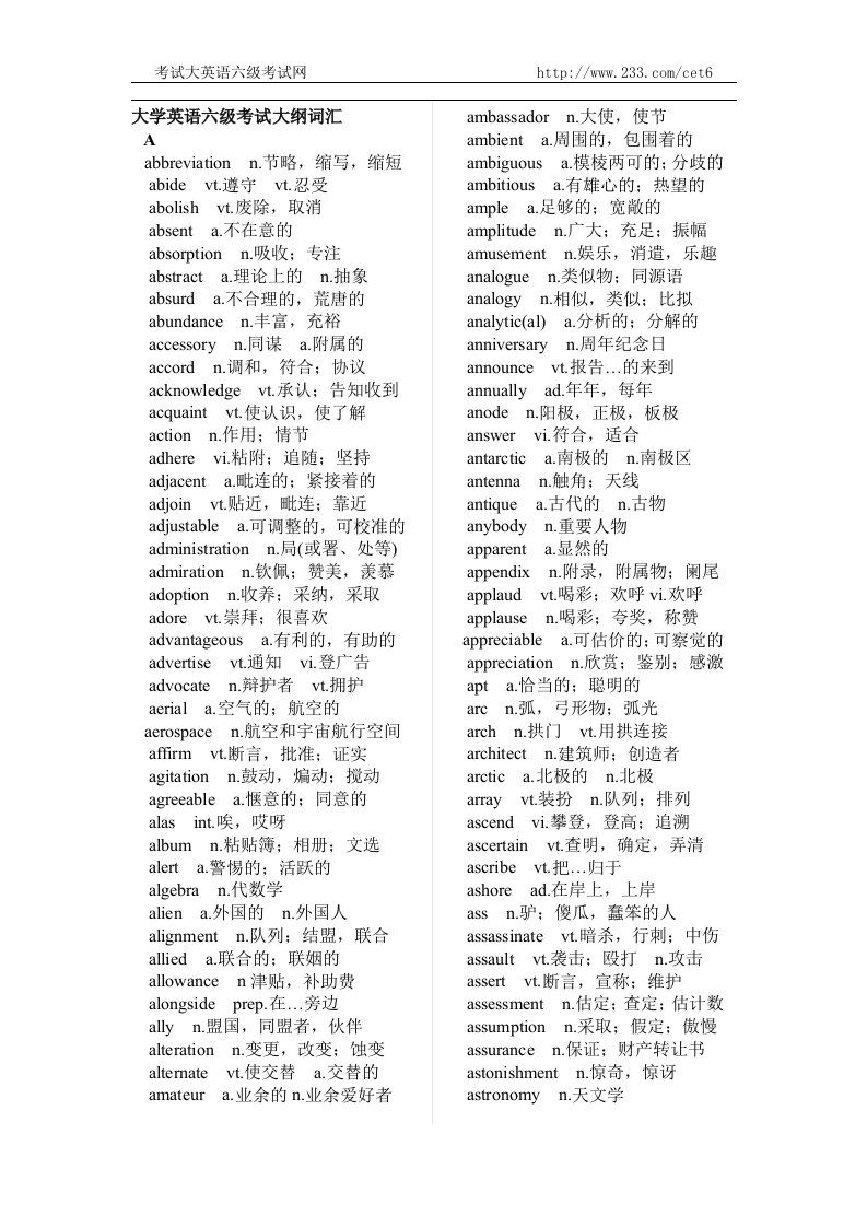 大学英语六级考试大纲词汇-word资料(精)