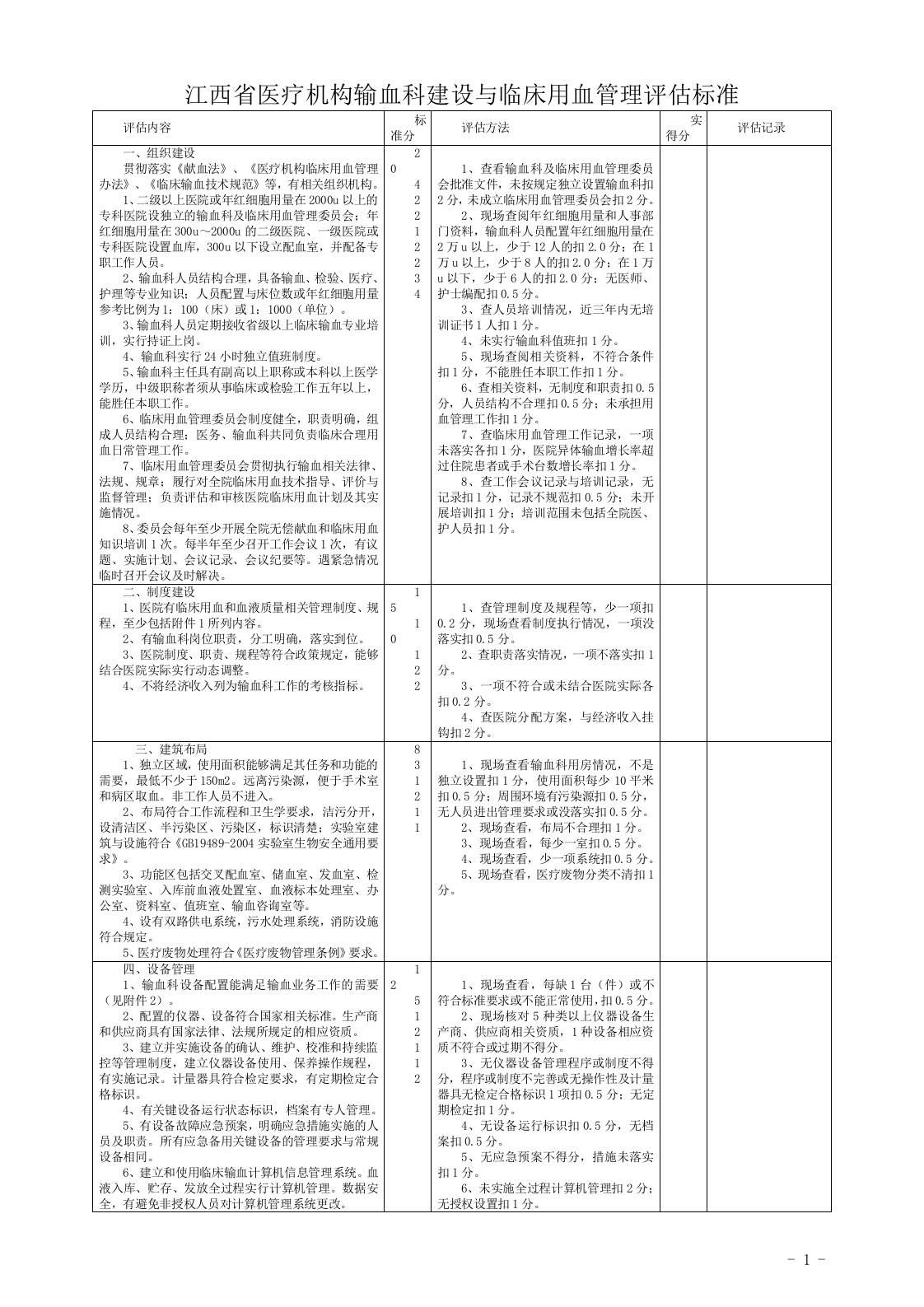 江西省医疗机构输血科建设与临床用血管理评估标准