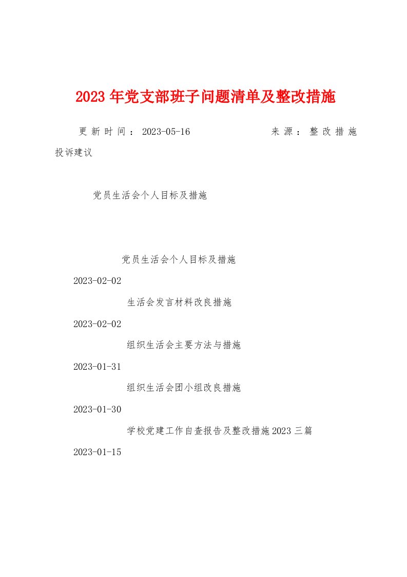 2023年党支部班子问题清单及整改措施