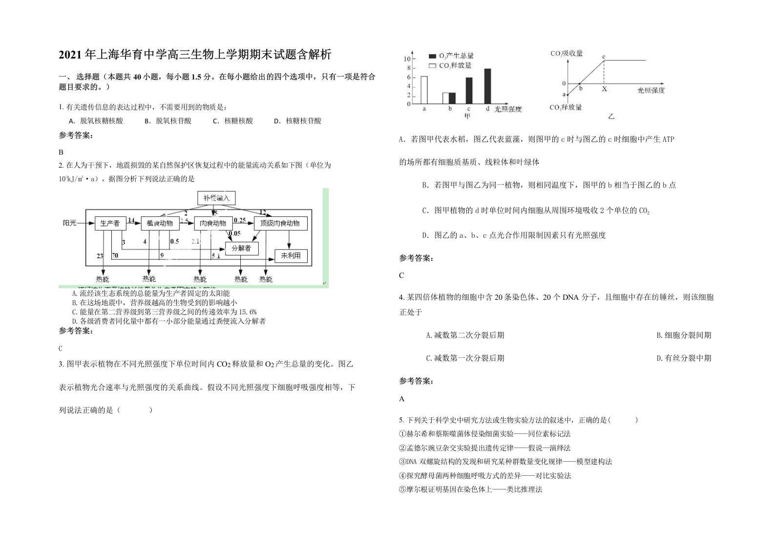 2021年上海华育中学高三生物上学期期末试题含解析