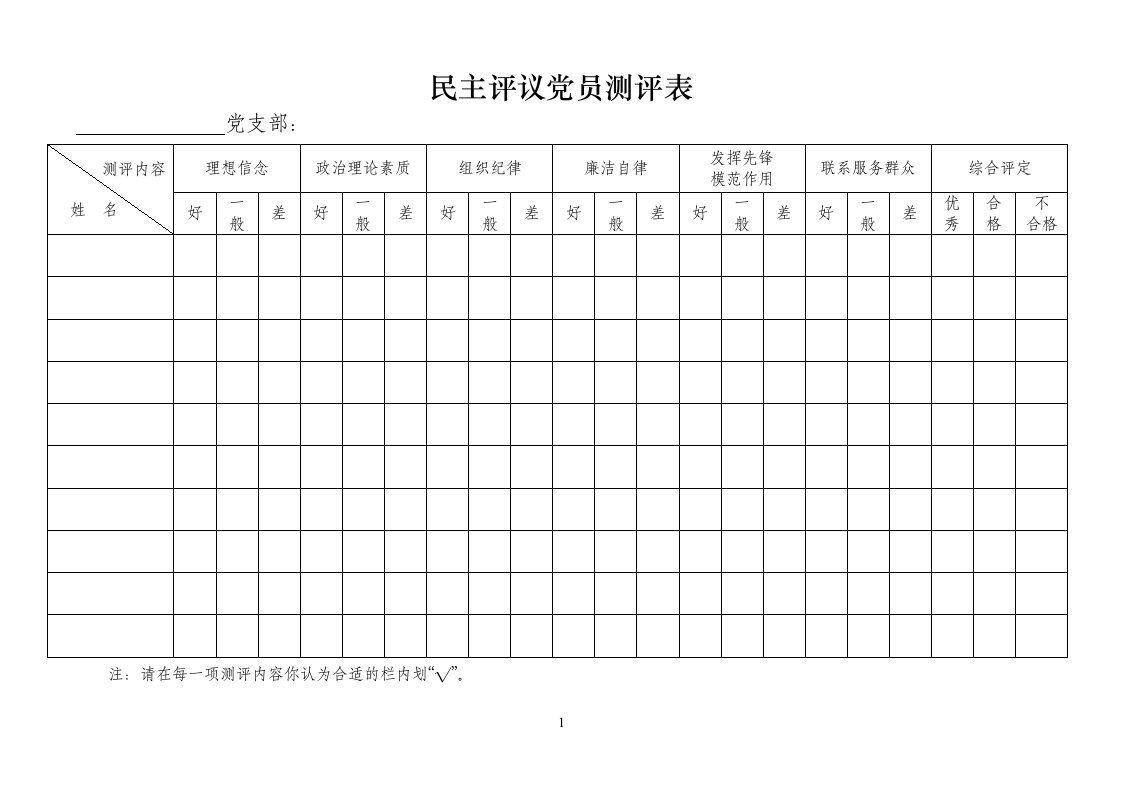 党支部民主评议党员测评表(模版)资料