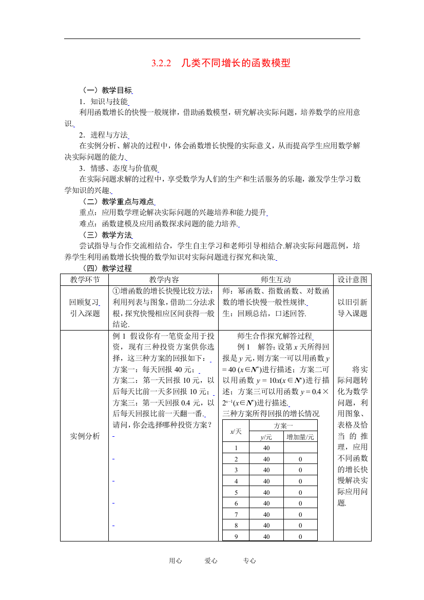 （中小学教案）3.2.2几类不同增长的函数模型