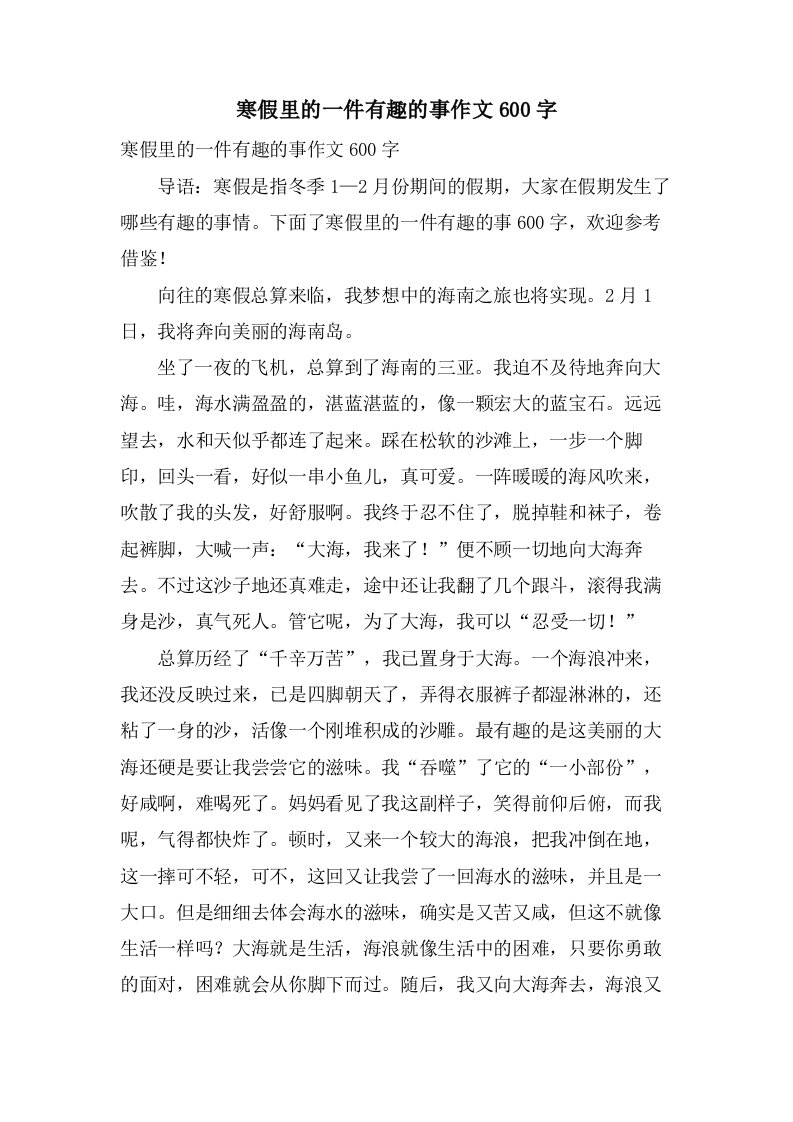 寒假里的一件有趣的事作文600字