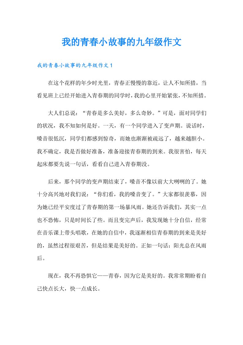 我的青春小故事的九年级作文