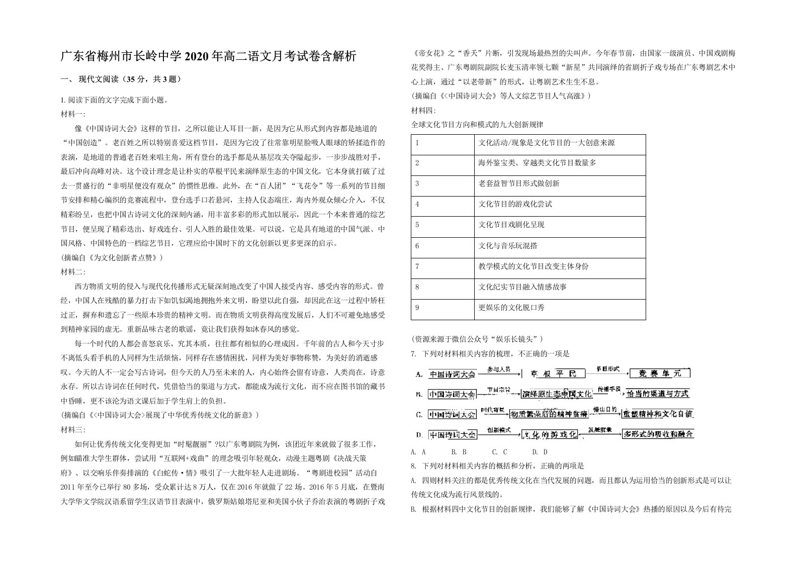 广东省梅州市长岭中学2020年高二语文月考试卷含解析