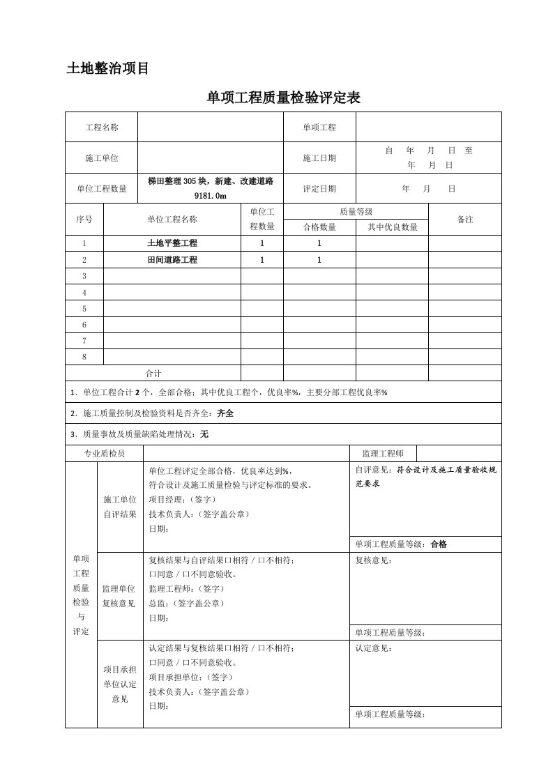 《土地整治工程质量检验与评定规程》(TDT1041-2013)评定表