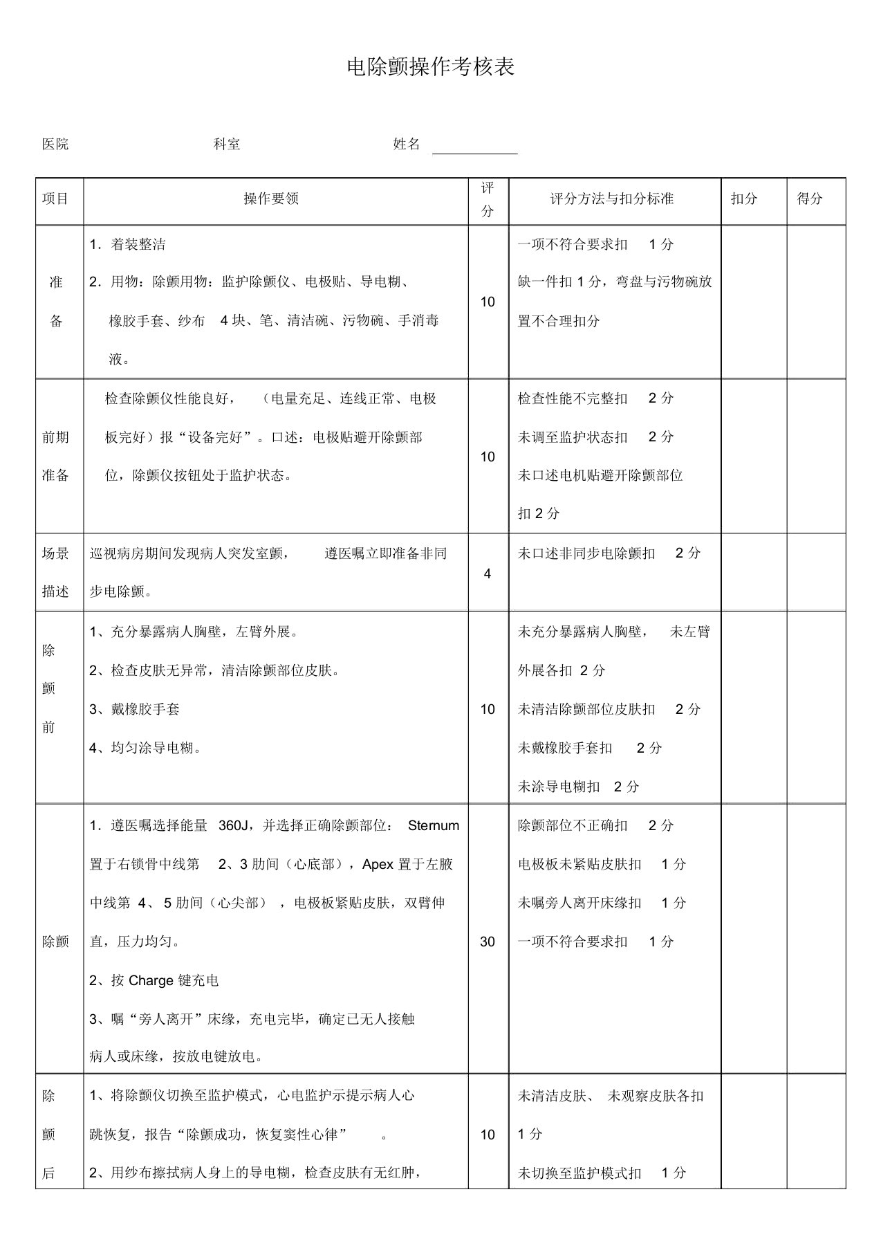 电除颤考核表