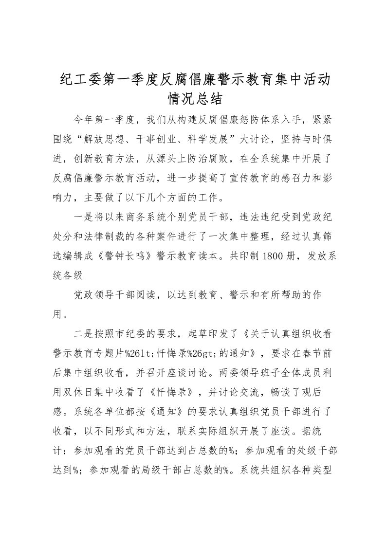 2022-纪工委第一季度反腐倡廉警示教育集中活动情况总结