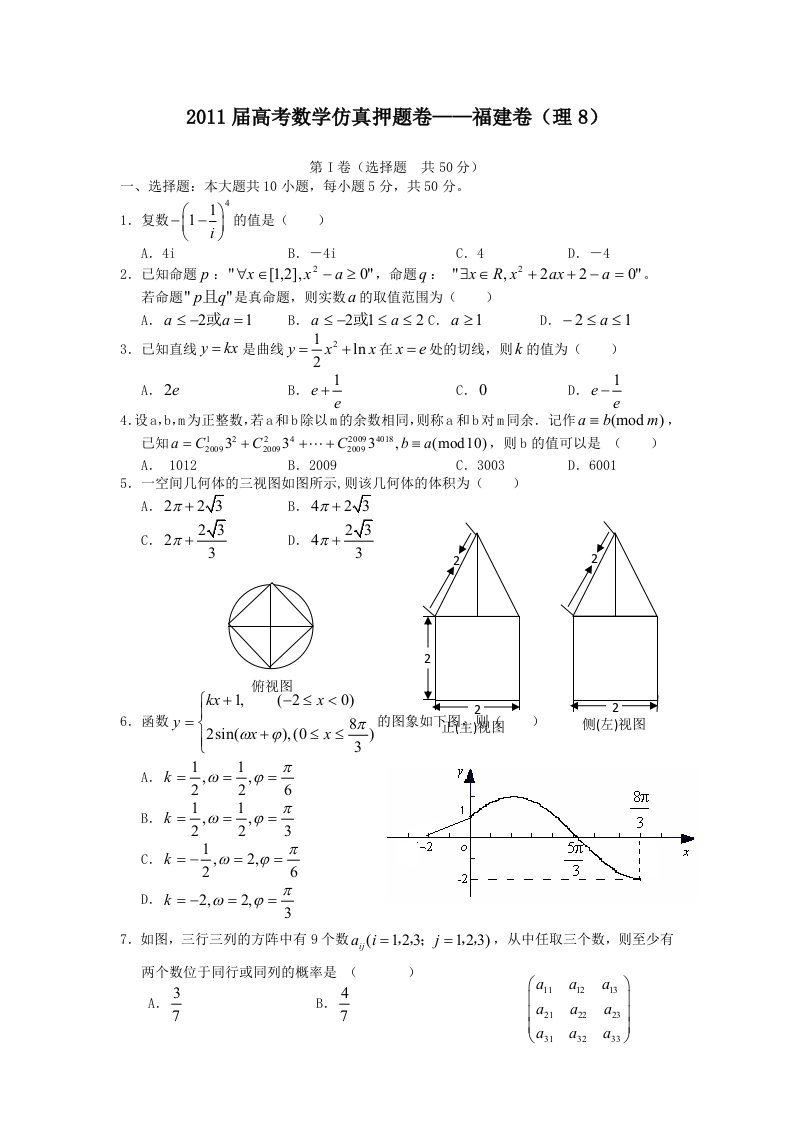 2011届高考数学仿真押题卷之福建卷：理