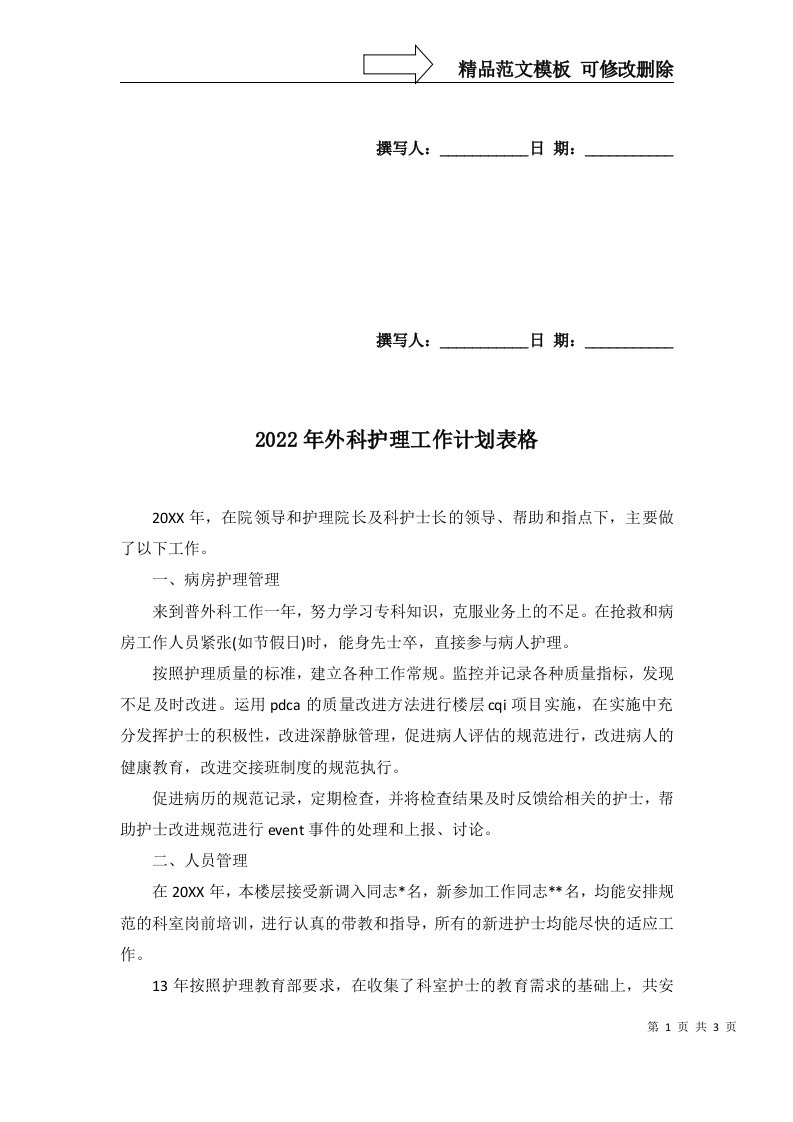 2022年外科护理工作计划表格