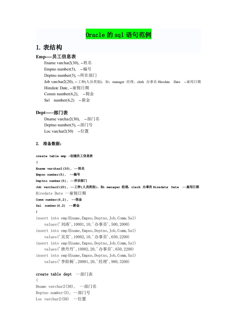 Oracle的sql语句练习题含答案