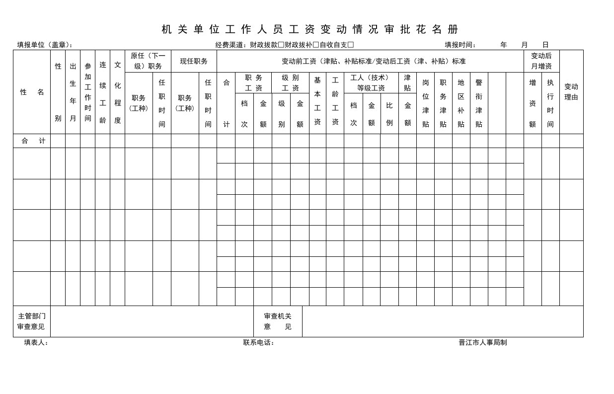 机关单位工作人员工资变动情况审批花名册