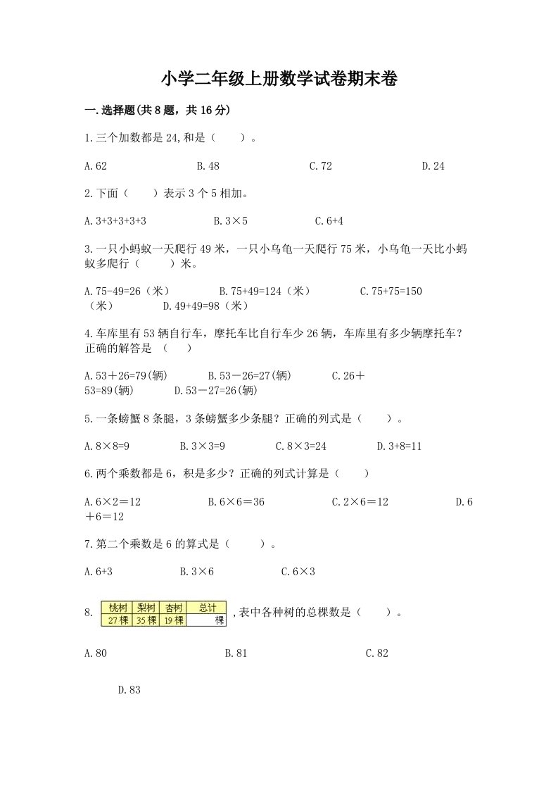 小学二年级上册数学试卷期末卷及答案【基础+提升】